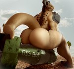 2020 2_horns 3d_(artwork) anthro bethesda_softworks big_butt big_muscles bomb butt deathclaw digital_media_(artwork) english_text explosives fallout hi_res horn huge_butt male microsoft morethreedee muscular muscular_anthro muscular_male nude outside scalie shoulder_pads sitting solo text thick_thighs warhead