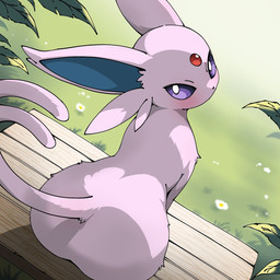 ambiguous_gender big_butt blush butt cheek_tuft facial_tuft feral forehead_gem forked_tail gem outside pink_body purple_eyes rear_view sitting solo tail tuft unusual_anatomy unusual_tail wide_hips noye nintendo pokemon eeveelution espeon generation_2_pokemon pokemon_(species) 1:1 2025 hi_res