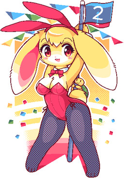 amber_eyes ambiguous_gender anthro blush bow_(feature) bow_in_front bow_tie breasts bunny_costume cleavage clothed clothing confetti costume dipstick_ears domestic_pet duo ear_markings fake_ears fake_rabbit_ears female fishnet_clothing fishnet_legwear flag fur furries_with_pets hand_behind_head handwear humanoid_face ironic_fake_ears kemono legwear markings multicolored_ears number race_queen scut_tail short_tail simple_background solo_focus tail topwear tube_top yellow_body yellow_fur takiune_(pixiv) domestic_rabbit lagomorph leporid mammal oryctolagus rabbit reptile scalie turtle 2020 aliasing digital_media_(artwork) full-length_portrait icon low_res portrait