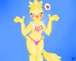 anthro beak bib blush breasts clothing feathers featureless_breasts female happy heart_symbol looking_at_viewer machine makeup non-mammal_breasts panties solo underwear wide_hips yellow_body dodgerblue five_nights_at_freddy's five_nights_at_freddy's_2 scottgames toy_chica_(fnaf) animatronic avian bird chicken galliform gallus_(genus) phasianid robot 2015 5:4 hi_res