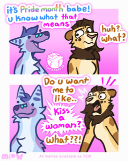 anthro belly blue_body blue_fur blue_hair brown_body brown_fur cheek_tuft chest_tuft confusion couples dialogue duo emanata exclamation_point facial_tuft female fur group hair head_tuft humor kissing lgbt_pride looking_at_another male mane partners pink_background pride purple_body purple_fur question_mark relationship romantic romantic_couple silly silly_face simple_background simple_eyes smile speech_bubble text tuft white_belly yellow_body yellow_fur luckfoxo33 it's_pride_month_you_know_what_that_means lgbt_pride_month tatum tatum_koenig tolng canid canine felid fox lion mammal pantherine 2025 comic english_text hi_res meme watermark trans_(lore) trans_man_(lore) trans_woman_(lore)