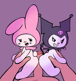 anthro collaborative collaborative_hot_dogging collaborative_sex female first_person_view genitals group holding_partner hot_dogging human_pov male male/female male_pov open_mouth penis sex sharp_teeth simple_background size_difference teeth trio darkpatito onegai_my_melody sanrio kuromi my_melody demon human lagomorph leporid mammal rabbit digital_media_(artwork) hi_res