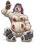 4_toes 5_fingers anthro anthro_pred arm_tuft armpit_tuft belly black_claws black_nose black_pawpads blood blood_on_belly blood_on_chest blood_on_fur blood_on_hand blood_on_stomach blue_eyes bodily_fluids body_hair chest_tuft claws crotch_tuft elbow_tuft eyebrows eyewear fangs featureless_crotch feet fingers footprint fur gesture glasses hair happy_trail hindpaw implied_violence long_hair looking_at_viewer male male_pred markings musclegut muscular navel neck_tuft open_mouth open_smile pawpads pawprint pawprint_(marking) paws pred_focus purple_hair round_ears sharp_teeth shoulder_tuft simple_background sitting sitting_on_ground slightly_chubby slightly_chubby_male smile smiling_at_viewer solo teeth toe_claws toes tongue tuft waving waving_at_viewer wavy_hair wearing_glasses white_background white_body white_fur white_fur_tuft teaselbone bohor bear mammal polar_bear ursine digital_media_(artwork) digital_painting_(artwork) hi_res shaded signature