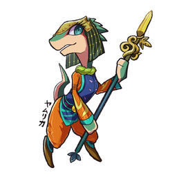 anthro arms_bent belt biped blue_eyes breasts clothed clothed_anthro clothed_female clothing digitigrade egyptian egyptian_clothing egyptian_headdress eyelashes female female_anthro fully_clothed fully_clothed_anthro fully_clothed_female glistening glistening_eyes green_body green_skin green_tail head_turned headdress headgear holding_melee_weapon holding_object holding_polearm holding_spear holding_weapon leaning leaning_forward looking_aside markings melee_weapon nemes_(clothing) non-mammal_breasts open_mouth open_smile orange_clothing overalls polearm pupils red_markings simple_background smile solo spear standing tail tan_body tan_skin tan_tail text three-quarter_view two_tone_tail weapon white_background white_sclera rii ever_oasis nintendo yamorka_(ever_oasis) drauk scalie 1:1 2025 digital_drawing_(artwork) digital_media_(artwork) hi_res japanese_text shaded translation_request