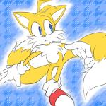 2_tails anthro biped blue_background blue_eyes clothing dipstick_tail footwear fur gloves handwear male markings multi_tail multicolored_tail pattern_background shoes simple_background solo tail tail_markings white_body white_fur yellow_body yellow_fur nashi_(intothe_bluesky) sega sonic_the_hedgehog_(series) miles_prower canid canine fox mammal 1:1