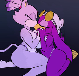 anthro avian_feet beak black_nose blue_background breasts duo eyelashes eyes_closed eyewear eyewear_on_head feathers female female/female forehead_gem fur gem gloves_(marking) hand_holding kerchief kissing leg_markings markings navel purple_body purple_feathers purple_fur side_view simple_background socks_(marking) sunglasses sunglasses_on_head thick_thighs white_body white_fur wide_hips waffafries sega sonic_riders sonic_the_hedgehog_(series) blaze_the_cat wave_the_swallow avian bird domestic_cat felid feline felis hirundinid mammal oscine passerine swallow_(bird) hi_res