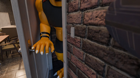 anthro apartment athletic_wear black_clothing claws clothing door male muscular muscular_male opening_door orange_body orange_skin peeking_through_door solo ekai-ben_(artist) bandai_namco digimon digimon_(species) 16:9 hi_res widescreen