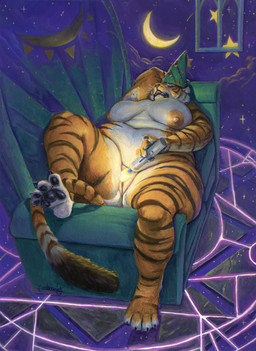4_toes 5_fingers anthro big_breasts black_body black_fur breasts clothing eyes_closed feet female fingers fur furniture genitals hat headgear headwear huge_breasts inside lying masturbation nipples nude obese on_back orange_body orange_fur overweight overweight_anthro overweight_female pawpads sex_toy sofa solo striped_body striped_fur stripes tail teeth thick_thighs toes vibrator vulva wand_vibrator white_body white_fur wizard_hat emberwick felid mammal pantherine tiger 2025 hi_res signature