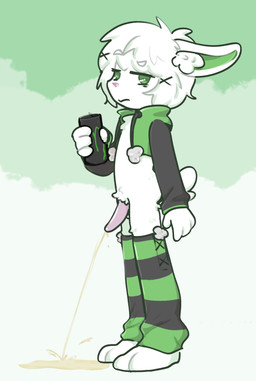 animal_genitalia animal_penis anthro beverage_can biped black_clothing bodily_fluids bottomless bottomless_anthro bottomless_male casual_exposure casual_urination clothed clothing eyebrow_through_hair eyebrows fur genital_fluids genitals green_clothing green_eyes hair inner_ear_fluff male mouth_closed multicolored_clothing peeing penis raised_eyebrow scut_tail short_tail solo standing tail translucent translucent_hair tuft two_tone_clothing urine urine_on_ground urine_stream white_body white_eyebrows white_fur white_hair brdzandbiscuits monster_energy jax_(brdzandbiscuits) lagomorph leporid mammal rabbit 2022 absurd_res digital_drawing_(artwork) digital_media_(artwork) english_description full-length_portrait hi_res portrait