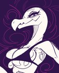 anthro big_breasts bra breasts clothed clothing eyelashes fangs female looking_at_viewer narrowed_eyes non-mammal_breasts purple_eyes solo teeth underwear underwear_only mysticwaffle032 nintendo pokemon generation_7_pokemon lizard pokemon_(species) reptile salazzle scalie 2025