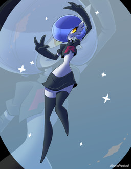 3_fingers armwear biped blowup_background blue_hair blue_lipstick bottomwear clothed clothing cosplay crop_top elbow_gloves eyelashes featureless_feet feet female fingers flat_chested front_view gloves hair hair_over_eye handwear legwear lipstick makeup midriff mole_under_eye no_navel not_furry shirt simple_background skirt small_waist smile solo team_rocket_uniform text thigh_highs topwear wasp_waist white_body wide_hips yellow_eyes hyperflannel nintendo pokemon team_rocket gardevoir generation_3_pokemon humanoid pokemon_(species) shiny_pokemon 2025 absurd_res digital_media_(artwork) full-length_portrait hi_res portrait signature url