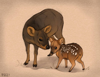 ambiguous_gender black_eyes brown_body brown_fur duo feral fur quadruped simple_background spots tan_background white_spots young alexpahomov deer mammal new_world_deer pudu 2021 female_(lore) mother_(lore) mother_and_child_(lore) parent_(lore) parent_and_child_(lore)