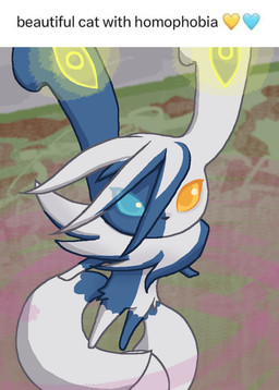 2_tails ambiguous_gender anthro bilateral_gynandromorphism blue_body blue_eyes blue_fur blue_hair fluffy fluffy_tail fur genetic_chimerism hair heterochromia levitation multi_tail multicolored_body orange_eyes solo tail text two_tone_body white_body white_fur white_hair yellow_eyes commonbleat beautiful_cat_with_homophobia nintendo pokemon pokemon_legends_z-a felid generation_9_pokemon mammal mega_evolution mega_meowstic pokemon_(species) english_text hi_res meme