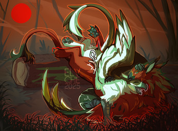 beak bodily_fluids detailed_background duo feral fluffy fluffy_tail forest_background long_mane looking_at_another looking_down looking_pleasured lying_on_ground on_ground spread_wings sunset tail wings conditional_dnp elvche mythology avian gryphon mythological_avian mythological_creature 2025 digital_media_(artwork)