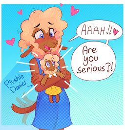 5_fingers anthro black_eyebrows black_text blue_clothing blue_dress blue_text blush blush_lines border brown_body brown_fur clothed clothing crossdressing crossdressing_male crossed_arms dialogue dress eyebrows eyelashes femboy fingers fur hair happy heart_symbol holding_object holding_plushie male open_mouth plushie simple_background solo speech_bubble standing tail tail_motion tailwag tan_hair text white_border heresvix dani_(heresvix) bovid caprine mammal sheep 2025 hi_res