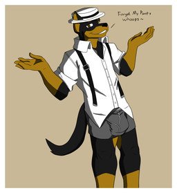abstract_background anthro black_body black_fur black_nose border boxer_briefs brown_eyes bulge caption clothed clothing collared_shirt dialogue dress_shirt fur furgonomics gangster gesture grey_boxer_briefs grey_clothing grey_underwear hat headgear headwear looking_at_viewer male orange_body orange_fur pantsless shirt shrug simple_background smile solo suspenders tail talking_to_viewer text topwear underwear undressed white_border white_clothing white_dress_shirt white_shirt white_topwear doggieo doggieo_(character) beauceron canid canine canis domestic_dog herding_dog mammal pastoral_dog 2010 colored english_text