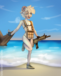 anthro beach bikini bulletproof_vest clothing femboy fingerless_gloves footwear gloves gun handwear male open_mouth ranged_weapon rifle shoes solo swimwear tongue tongue_out two-piece_swimsuit weapon endelthepegasus bovid caprine mammal sheep absurd_res hi_res