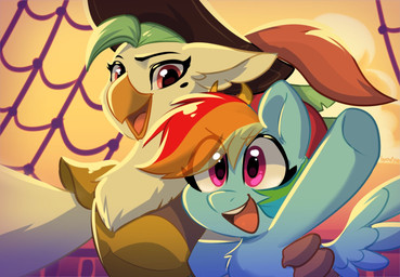 anthro blue_body clothing duo eyebrows feathered_wings feathers female feral green_hair hair hat headgear headwear markings mole_(marking) multicolored_hair open_mouth open_smile pirate rainbow_hair smile sunset tongue tuft wings oofycolorful friendship_is_magic hasbro my_little_pony my_little_pony:_the_movie_(2017) mythology captain_celaeno_(mlp) rainbow_dash_(mlp) avian bird equid equine horse mammal mythological_creature mythological_equine parrot pegasus pony hi_res