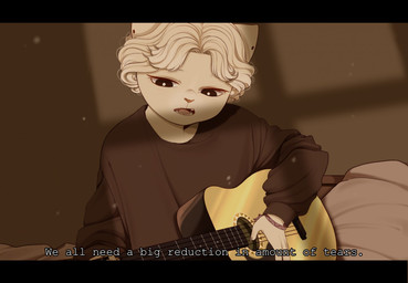 acoustic_guitar ambiguous_gender anthro armband bed biped brown_clothing brown_eyes brown_sweater brown_topwear clothing curly_hair dark_eyes eyelashes fangs fur furniture guitar hair musical_instrument on_bed open_mouth pillow pink_nose playing_guitar playing_music plucked_string_instrument red_armband shadow solo string_instrument sweater tan_body tan_fur tan_hair teeth tongue topwear sonyan domestic_cat felid feline felis mammal 2017 digital_media_(artwork) shaded female_(lore)