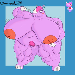 anthro belly big_belly big_breasts big_muscles big_nipples body_hair breasts female female_anthro flexing flexing_bicep happy_trail head_horn horn huge_breasts huge_muscles huge_nipples looking_at_viewer musclegut muscular nipples nude obese obese_female overweight overweight_female purple_body simple_background top_heavy white_horn gamesptop animal_crossing nintendo renee_(animal_crossing) mammal rhinoceros 1:1 hi_res