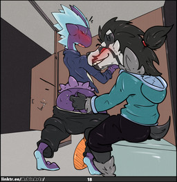 against_surface against_wall anthro anthro_on_anthro bathroom black_border blush blush_lines border bottomwear bottomwear_down butt butt_grab clothed clothed_sex clothing duo eyewear fully_clothed glasses glory_hole hand_on_butt hoodie looking_at_another looking_back male male/male mohawk pants pants_down partially_clothed public_restroom restroom_stall sex shirt smile smirk standing surprised text toilet topwear undressing asbiearts conditional_dnp nintendo pokemon fan_character rel_(relightcharge) vex_(relightcharge) generation_8_pokemon low_key_toxtricity obstagoon pokemon_(species) toxtricity 2025 absurd_res digital_drawing_(artwork) digital_media_(artwork) english_text hi_res
