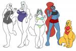 anthro bikini blush breasts clothed clothing eye_patch eyewear female glasses group hair heterochromia one-piece_swimsuit open_mouth open_smile simple_background smile standing swimwear two-piece_swimsuit white_background sparklethecat undertale undertale_(series) alphys dogaressa temmie_(undertale) toriel undyne animal_humanoid boss_monster_(undertale) bovid canid canine canis caprine domestic_dog fish fish_humanoid humanoid mammal marine marine_humanoid reptile scalie tem