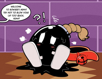 after_transformation bell bell_collar blush blush_lines collar confusion dialogue implied_transformation offscreen_character red_collar solo speech_bubble stone_wall surprised transformation wall_(structure) trevor-fox mario_bros nintendo trevor-fox_(character) bob-omb dire_animate_inanimate nonbinary_(lore)