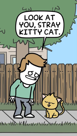 ambiguous_gender bottomwear brown_hair building clothed clothing dialogue duo eyes_closed fence feral fur grass hair house kidnapping male no_pupils offscreen_character orange_body orange_fur outside pants plant purring sidewalk size_difference sky teeth text tree window yellow_body yellow_fur ryan_k._hudson domestic_cat felid feline felis human mammal 9:16 animated english_audio english_text hi_res multiple_scenes short_playtime sound video female_(lore)