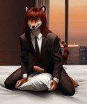 anthro bed black_business_suit building business_suit clothing countershading erection facial_hair fur furniture genitals hair male markings necktie orange_body orange_fur penis pillow red_hair skyscraper solo striped_markings striped_tail stripes suit tail tail_markings window jesu_cito dasyuromorph mammal marsupial recently_extinct_species thylacine 2024 digital_media_(artwork) hi_res