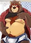 anthro belly blush brown_body brown_fur bulge clothing ear_piercing ear_ring fur humanoid_hands kemono male moobs navel nipples overweight overweight_male perspective-incorrect_clothing perspective-incorrect_plaid perspective-incorrect_shirt perspective-incorrect_texturing perspective-incorrect_topwear piercing plaid ring_piercing shirt solo topwear underwear ryuta-h canid canine mammal raccoon_dog tanuki 2021 hi_res