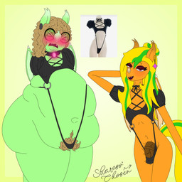 >o< animal_genitalia animal_penis anthro bat_nose bat_wings bedroom_eyes belly big_belly big_butt blonde_hair blush blush_(makeup) blushing_profusely body_hair breasts bulge butt choker clothed clothing cocked_hip collar curly_hair duo ear_piercing ear_ring embarrassed equine_genitalia equine_penis erection erection_under_clothing eyes_closed eyeshadow eyewear fangs female femboy fluffy_ears freckled_face freckles fur g-string gem genitals geometric_background glasses glowing_gem green_body green_fur hair hair_bun hand_behind_head hands_behind_back happy_trail huge_belly huge_butt ineffective_clothing jewelry larger_female looking_at_viewer makeup male medial_ring membrane_(anatomy) membranous_wings narrowed_eyes necklace nipple_outline obese obese_anthro obese_female orange_body orange_fur overweight overweight_anthro overweight_female partially_clothed pear-shaped_figure penis penis_poking_out piercing pink_gem pubes ring_piercing round_glasses seductive simple_background size_difference skimpy small_breasts standing straight_hair tan_hair teeth thick_thighs throbbing throbbing_penis underwear vein veiny_penis wavy_mouth wide_hips wings sharess'_chosen hasbro meme_clothing my_little_pony citrus_glaze keylime_crumble bat bat_pony equid leaf-nosed_bat mammal microbat yangochiropteran 1:1 2026 absurd_res digital_drawing_(artwork) digital_media_(artwork) hi_res meme