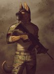 anthro clothed clothed_male clothing fully_clothed fully_clothed_male fur holding_object holding_weapon looking_at_another male military military_uniform multicolored_body multicolored_fur muscular sandstorm scar serious serious_face solo tail uniform weapon jack_harper magarnan canid canine canis domestic_dog german_shepherd herding_dog mammal pastoral_dog hi_res shaded soft_shading