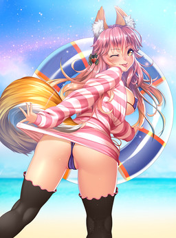 bikini blush breasts butt camel_toe clothing day female genitals hair legwear looking_back nipple_outline obscured_inner_labia one_eye_closed outside pattern_clothing pattern_shirt pattern_topwear pink_hair pool_float rear_view shirt solo stockings striped_clothing striped_shirt striped_topwear stripes swimwear tongue tongue_out topwear two-piece_swimsuit vulva water yellow_eyes lucknight fate_(series) type-moon caster_tamamo-no-mae animal_humanoid canid canid_humanoid canine canine_humanoid fox_humanoid humanoid mammal mammal_humanoid 2017 hi_res