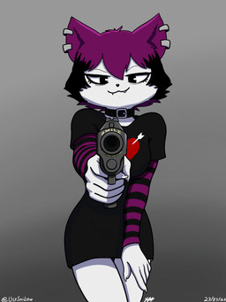 5_fingers alternative_fashion anthro black_collar breasts clothing collar curvy_figure cute_fangs dark_humor dress ear_piercing ear_ring fangs female fingers goth gun gunpoint hair handgun heart_symbol holding_gun holding_handgun holding_object holding_pistol holding_ranged_weapon holding_weapon hourglass_figure humor imminent_death long_sleeve_shirt looking_at_viewer minidress pattern_clothing pattern_shirt pattern_topwear piercing pistol pointing_gun_at_viewer purple_hair ranged_weapon ring_piercing shirt smile smirk solo striped_clothing striped_shirt striped_topwear stripes teeth text text_on_weapon topwear weapon wearing_collar usefulsmilee veronica_(e254e) domestic_cat felid feline felis mammal 2026 3:4 absurd_res hi_res