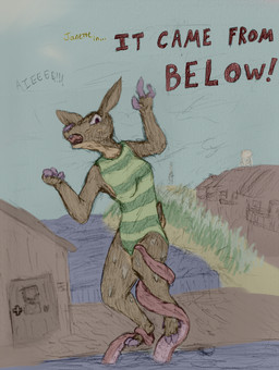 acting anthro beach breasts clothing female freckled_face freckles hooves looking_down movie_poster one-piece_swimsuit open_mouth pattern_clothing pier purple_hooves raised_arms scared screaming sea sky small_breasts solo striped_clothing stripes swimwear tentacle_grab tentacles text water wet axentooth janette_(axentooth) deer mammal monster new_world_deer white-tailed_deer colored_sketch english_text hi_res mixed_media sketch
