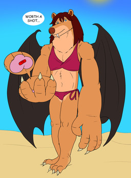 anthro beach big_hands bikini bikini_bottom bikini_top clothing drugs fangs female growth_drive huge_hands paws pills sand scorpion_tail skinny solo swimwear teeth text two-piece_swimsuit wings alythewolfcat iranian_mythology middle_eastern_mythology mythology felid lion mammal manticore pantherine english_text hi_res