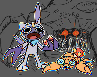 big_pupils claws dilated_pupils fainted fangs feathers fur grey_body grey_fur lying open_mouth pupils purple_body purple_fur red_eyes scarf standing teeth tripping wide_eyed blitzdrachin conditional_dnp nintendo pokemon pokemon_mystery_dungeon spike_chunsoft generation_1_pokemon generation_2_pokemon paras parasect pokemon_(species) sneasel hi_res