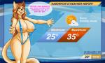 anthro areola big_breasts bikini breasts brown_hair camel_toe clothed clothing eyewear female glasses green_eyes hair huge_breasts looking_at_viewer news news_report nipple_outline one-piece_swimsuit skimpy sling_bikini solo swimwear text two-piece_swimsuit weather_report galacticmichi katrina_fowler domestic_cat felid feline felis mammal 5:3 english_text