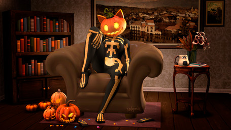 anthro arm_on_knee book bookshelf breasts carpet female floor flower food for_a_head fruit furniture glowing glowing_eyes glowing_mouth inside jack-o'-lantern looking_at_viewer markings medium_breasts on_model on_sofa picture_frame picture_on_wall plant pumpkin pumpkin_head sitting sitting_on_sofa skeleton_(marking) smile smiling_at_viewer sofa solo table text wood wood_floor zelyonka epic_games fortnite gromit_mug spice_(fortnite) domestic_cat elemental_creature felid feline felis flora_fauna food_creature living_fruit living_pumpkin mammal object_head 16:9 2026 3d_(artwork) 4k absurd_res digital_media_(artwork) english_text full-length_portrait hi_res portrait source_filmmaker_(artwork) widescreen