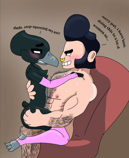 anthro arm_hair armwear avian_feet body_hair butt butt_grab chest_hair clothing duo femboy feminine fur hand_on_butt human_on_anthro interspecies legwear male male/male nipples squeezing unknown_artist brawl_stars supercell_(company) bull_(brawl_stars) crow_(brawl_stars) avian human mammal hi_res
