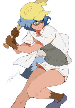 alternate_species baseball_bat baseball_uniform bat_(object) blue_body blue_eyes blue_fur blue_hair brown_body brown_fur clothed clothing facial_markings female fluffy fluffy_tail fur gloves_(marking) hair hat head_markings headgear headwear holding_object markings mask_(marking) simple_background smile solo sportswear tail uniform white_background youta_(artist) brand_new_animal studio_trigger michiru_kagemori animal_humanoid canid canid_humanoid canine canine_humanoid humanoid mammal mammal_humanoid raccoon_dog tanuki tanuki_humanoid absurd_res digital_media_(artwork) hi_res