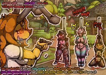 antennae_(anatomy) anthro bdsm big_breasts blood blush bodily_fluids bondage bottomwear bound breasts clothed clothing death dialogue execution fangs feet female female/female fingers food for_a_head fruit fur gag gagged genitals glistening glistening_body glowing gore gore_focus group gun hair holding_gun holding_object holding_ranged_weapon holding_weapon hood imminent_death killing nipples nude open_mouth pinata plant pumpkin pumpkin_head purple_body ranged_weapon restraints rope rope_bondage scar shadow_face smile snuff spreader_bar submissive tail teeth text thick_thighs tongue topwear weapon wings yellow_body khalfy_kun epic_games fortnite loot_llama_(fortnite) raven_team_leader rebekah_(khalfy_kun) spice_(fortnite) animate_inanimate arthropod bear bee camelid domestic_cat felid feline felis hybrid hymenopteran insect llama mammal object_head absurd_res hi_res