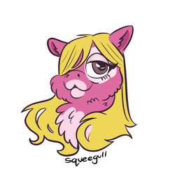 ambiguous_form ambiguous_gender blonde_hair eye_patch_(marking) eyelashes facial_markings fur grey_eyes hair hair_over_eye happy head_markings markings mouth_closed patch_(marking) pink_body pink_fur pose simple_background smile solo text white_background young young_ambiguous squeegull fluffy_pony princess_(julie) fluffy_pony_(species) mammal 1:1 2025 artist_name digital_media_(artwork) flat_colors hi_res portrait