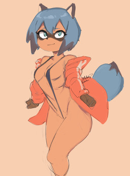 anthro bikini blue_eyes blue_hair breasts brown_body brown_fur clothed clothing female fluffy fluffy_tail fur hair jacket one-piece_swimsuit simple_background skimpy sling_bikini small_breasts smile solo swimwear tail topwear tuft two-piece_swimsuit hatsumiilkshake brand_new_animal studio_trigger michiru_kagemori canid canine mammal raccoon_dog tanuki hi_res