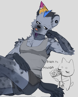 anthro black_hair blue_hair clothing ear_piercing eyebrow_piercing facial_piercing fur grey_body grey_fur hair male markings piercing shirt sitting sleeveless_shirt solo spots spotted_body tongue tongue_out topwear underwear turro0on arknights hypergryph studio_montagne spot_(arknights) hyena mammal spotted_hyena 2026 hi_res