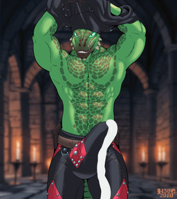 animated_gif anthro bodily_fluids bulge clothing cum cumshot dark_brotherhood ejaculation erection erection_under_clothing flexing genital_fluids genitals latex male muscular muscular_male penis solo throbbing throbbing_bulge throbbing_penis tightsuit j450n2080 bethesda_game_studios microsoft skyrim the_elder_scrolls veezara argonian scalie animated hi_res short_playtime