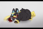 anthro belly big_belly black_bars blue_eyes female fur grey_body grey_skin long_ears long_yail paws short_tail solo tail unseen_prey vore yellow_body yellow_fur cmitchell lagomorph leporid mammal rabbit hi_res letterbox