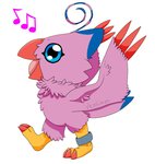 ambiguous_gender beak blue_eyes blue_markings claws feathers feral markings musical_note musical_symbol open_beak open_mouth pink_body pink_feathers red_claws ring singing solo symbol toe_claws tongue tuft walking ventimon bandai_namco digimon avian bird biyomon digimon_(species) 2020 signature