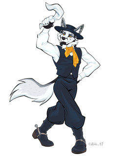 anthro black_body black_fur boots bottomwear cheek_tuft clothed clothed_male clothing collared_shirt dancing dress_shirt eyebrows_(marking) facial_tuft fluffy fluffy_tail footwear fully_clothed fully_clothed_male fur glint grey_body grey_fur hand_on_hip hat headgear headwear holding_cloth inner_ear_fluff kerchief looking_aside male male_anthro neckerchief neckwear orange_eyes pants pork_pie_hat shirt shoes simple_background solo spurs tail text topwear tuft vest waving_cloth white_background white_body white_dress_shirt white_fur white_inner_ear_fluff yellow_sclera alibi_47 foxtrot_(theraccoongent) canid canine fox mammal marble_fox red_fox true_fox 2025 artist_name hi_res
