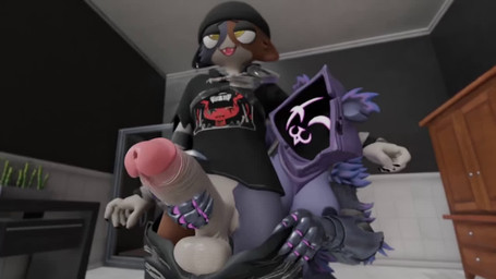 :3 anthro assisted_exposure assisted_masturbation balls bathroom beanie big_balls big_penis bottomwear bottomwear_down claws clothed clothing duo eye_roll fangs female genitals glans gynomorph gynomorph/female hand_on_penis handjob hat headgear headwear huge_balls huge_penis humanoid_genitalia humanoid_penis hyper hyper_genitalia hyper_penis intersex intersex/female looking_pleasured moan mostly_nude pants pants_down partially_clothed penile penis pink_glans reach_around sex sound_effects stroking_penis teeth white_balls white_penis sound_warning vectrex epic_games fortnite fortnite:_battle_royale meow_skulls raven_team_leader bear calico_cat domestic_cat felid feline felis humanoid mammal 16:9 3d_(artwork) 3d_animation animated digital_media_(artwork) short_playtime sound video voice_acted widescreen